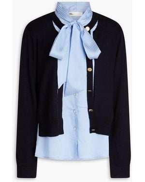 Tory Burch Mehrlagiger cardigan aus glänzendem crêpe und merinowolle mit cut-outs und streifen - Blau