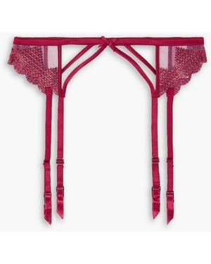 Fleur du Mal Strumpfgürtel aus tüll mit seidensatinbesatz und stickereien in metallic-optik - Rot