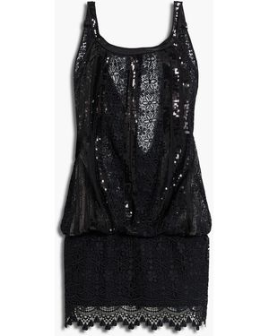 Charo Ruiz Sequin-Embellished Cotton-Blend Crocheted Lace Mini Dress - Black