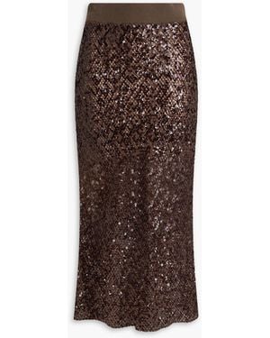 Brunello Cucinelli Metallic Sequin-Embellished Linen-Blend Midi Skirt - Brown