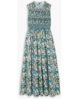 Loretta Caponi Gioia Smocked Floral-print Poplin Maxi Dress - Blue