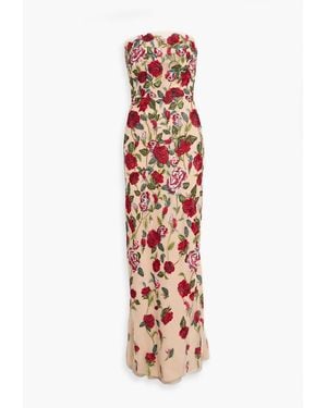 Marchesa Strapless Embroidered Tulle Gown - White