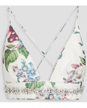 Zimmermann Crystal-embellished Floral-print Linen And Silk-blend Bra Top - Blue