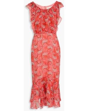 Saloni Ruffled Paisley-Print Silk-Chiffon Midi Dress - Red