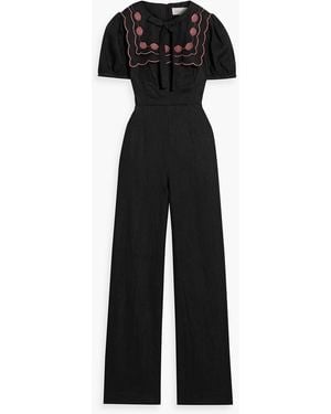 Saloni Marlowe Embroidered Linen Wide-leg Jumpsuit - Black