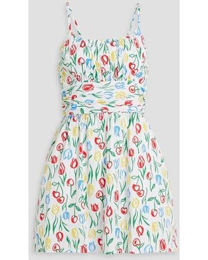 HVN Lucy Ruched Floral-print Cotton-blend Poplin Mini Dress - White
