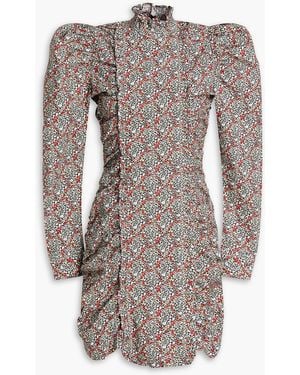 Ganni Ruched Floral-print Cotton Mini Dress - Black