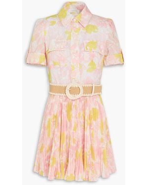 Zimmermann Belted Floral-Print Slub Woven Mini Shirt Dress - Pink