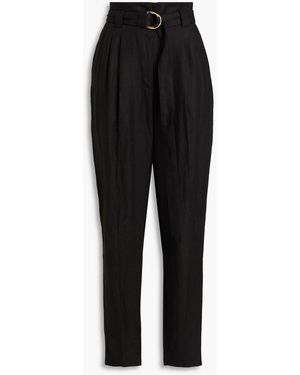 Another Tomorrow Belted Pleated Linen-Blend Twill Tapered Trousers - Black
