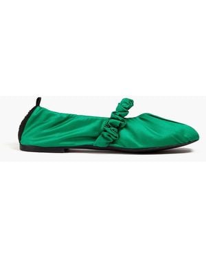 Ganni Ruched Satin Ballet Flats - Green