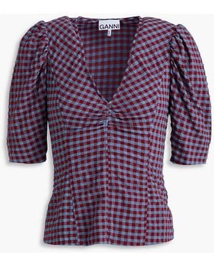 Ganni Gingham Seersucker Top - Purple