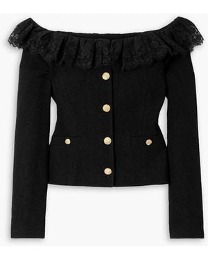 Alessandra Rich Off-the-shoulder Crystal-embellished Lace-trimmed Wool-blend Tweed Jacket - Black