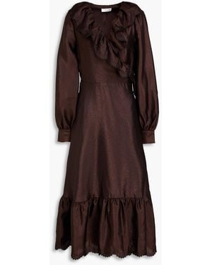 Stine Goya Midi-wickelkleid aus glänzendem crêpe mit rüschen und stickereien - Braun