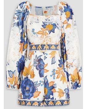FARM Rio Lace-Trimmed Floral-Print Linen-Blend Playsuit - Blue