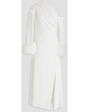 16Arlington Adelaide One-shoulder Feather-trimmed Crepe Midi Dress - White