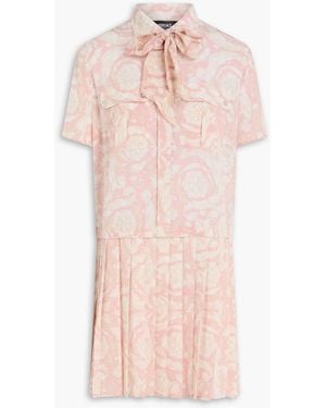 Versace Pussy-Bow Floral-Print Silk Crepe De Chine Mini Shirt Dress - Pink