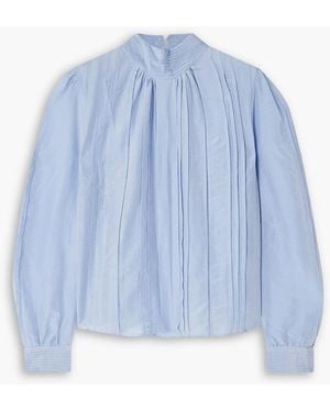 Thierry Colson Teresa Pintucked Cotton And Silk-blend Voile Turtleneck Blouse - Blue