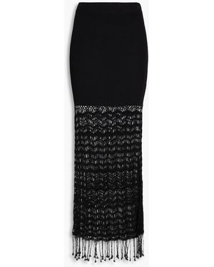 Ganni Fringed Ribbed And Crochet-knit Maxi Skirt - Black