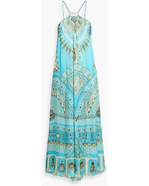 CAMILLA Embellished Printed Silk-Satin Halterneck Maxi Dress - Blue
