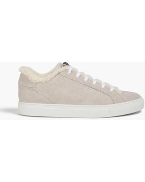 Brunello Cucinelli Shearling-Lined Bead-Embellished Suede Trainers - Grey