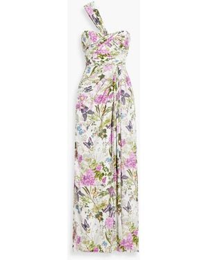 Badgley Mischka Maxikleid aus crêpe mit floralem print und asymmetrischer schulterpartie - Weiß