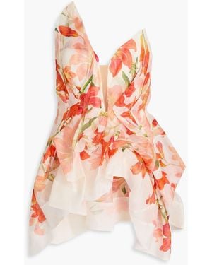 Zimmermann Strapless Floral-Print Linen And Silk-Blend Peplum Top - Red