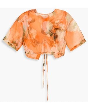 LEO LIN Indie Cropped Floral-Print Silk-Organza Top - Orange