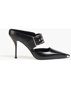 McQueen Punk Buckle Embellished Leather Mules - Black