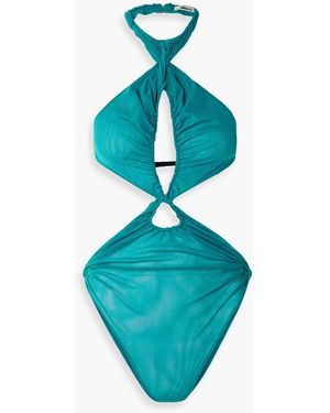 Supriya Lele Cutout Ruched Mesh Halterneck Bodysuit - Blue