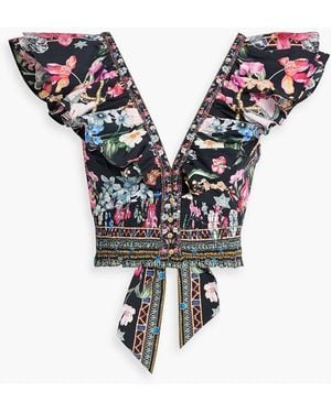 CAMILLA Cropped Ruffled Floral-Print Cotton-Poplin Top - Black