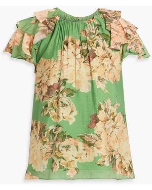 Mikael Aghal Ruffled Floral-print Chiffon Top - Green