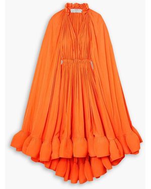 Lanvin Cape-effect Tie-detailed Ruffled Charmeuse Dress - Orange