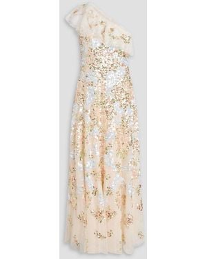 Needle & Thread Baroque One-Shoulder Sequin-Embellished Tulle Gown - Natural