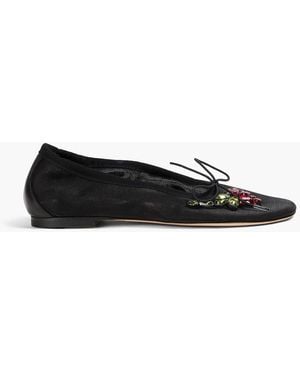 Simone Rocha Leather-Trimmed Embellished Mesh Ballet Flats - Black