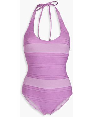 Lisa Marie Fernandez Amber Cotton-blend Chambray Halterneck Swimsuit - Purple
