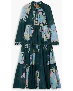 Yvonne S Hippy Tiered Floral-print Cotton-voile Midi Dress - Green