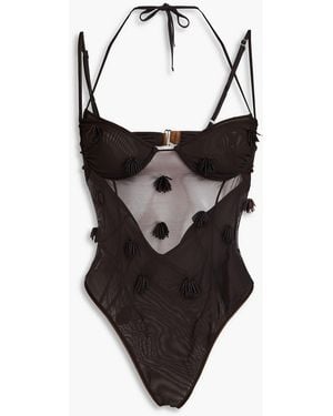 Jacquemus Ilha Bead-Embellished Stretch-Mesh Bodysuit - Brown