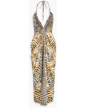 CAMILLA Crystal-Embellished Leopard-Print Stretch-Jersey Halterneck Midi Dress - Metallic