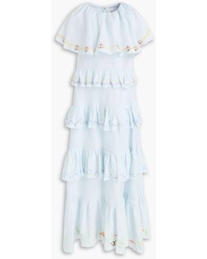 Helmstedt Tiered Embroidered Linen-Blend Maxi Dress - Blue