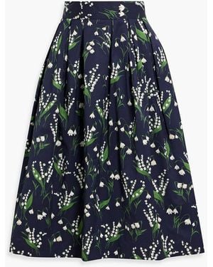 Carolina Herrera Pleated Floral-Print Faille Midi Skirt - Blue