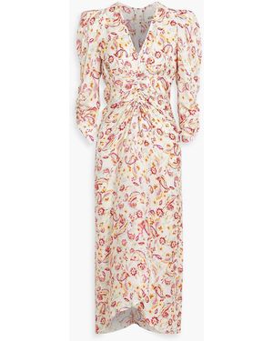 Isabel Marant Ruched Printed Satin-Jacquard Midi Dress - Pink