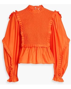 FARM Rio Shirred Ruffled Cotton-Voile Blouse - Orange