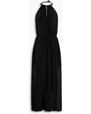 Three Graces London Rhian Leather-trimmed Cotton-voile Halterneck Midi Dress - Black