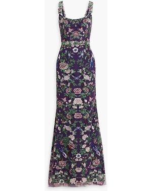 Marchesa Embroidered Tulle Gown - Blue