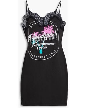 Conner Ives Lace-Trimmed Printed Cotton-Jersey Mini Slip Dress - Black