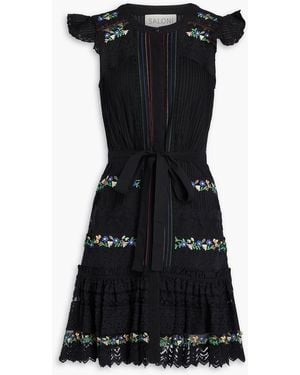 Saloni Bea Ruffled Lace-Paneled Cotton-Voile Mini Dress - Black