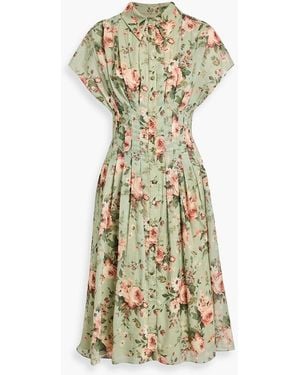 Mikael Aghal Pleated Floral-Print Chiffon Midi Shirt Dress - Metallic