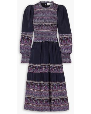 Sea Adella Shirred Printed Silk Crepe De Chine Midi Dress - Purple