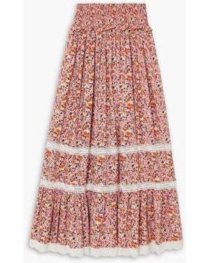 Loretta Caponi Clotilde maxirock aus crêpe de chine mit blumenprint und spitze - Rot