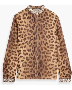 Zimmermann Bluse aus gaze aus einer leinen-seidenmischung mit leopardenprint und kristallverzierung - Natur